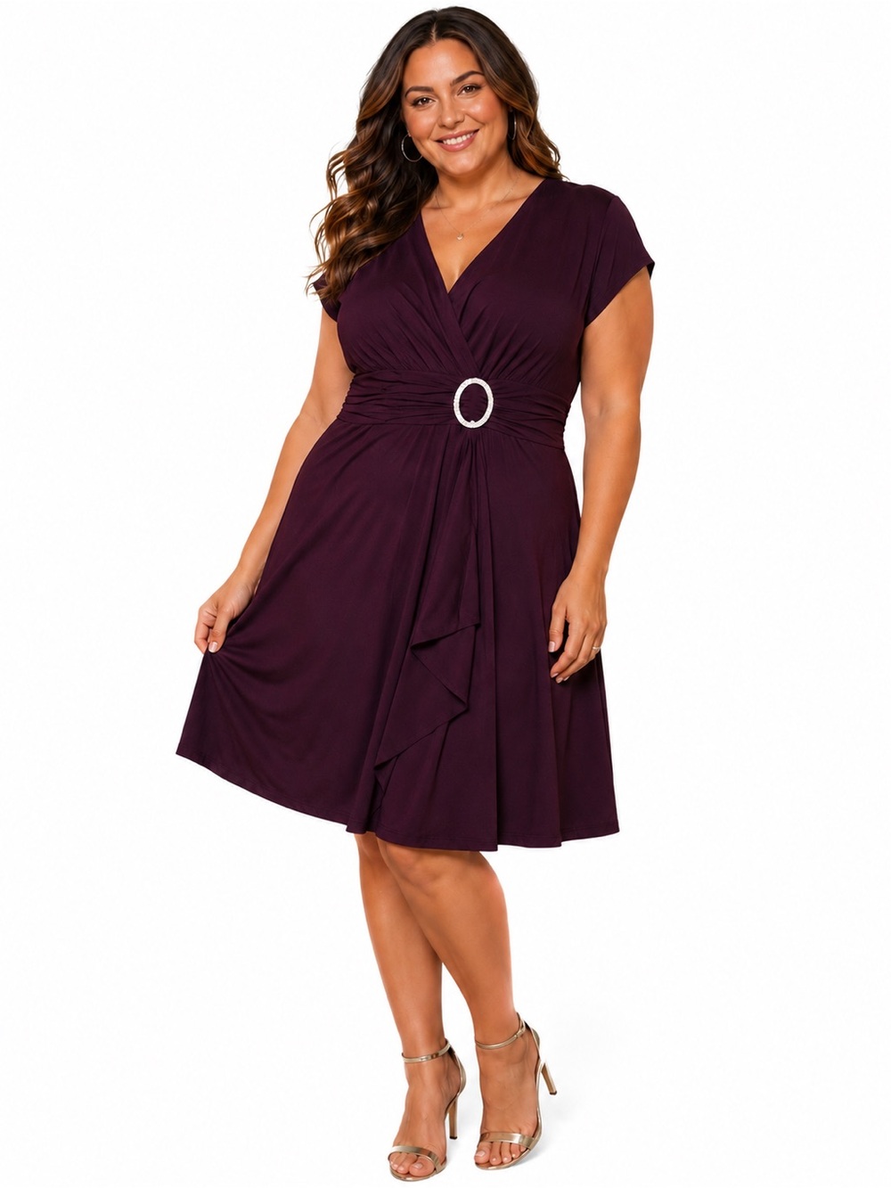 R&M Richards Plum Cocktail Dress Faux Wrap Rhinestone Buckle Sz 14